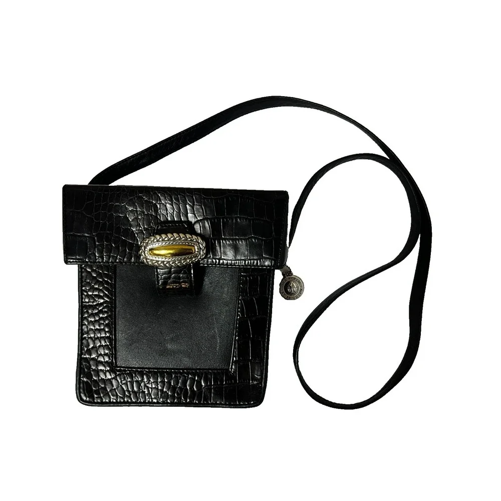 Brighton One World Small Box Purse Black‎ Croc Embossed & Smooth Crossbody Strap